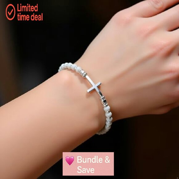 Christian Cross Charm Bracelet Beaded Stretch Fit Religious Jewelry Gift - Picture 5 of 8